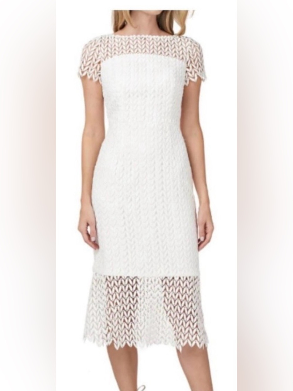 Kay Unger Tatum Dress White Lace Midi Length Sheath Flounce Hem Evening Sz 6 NEW